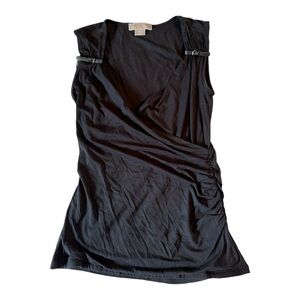 Michael Kors Faux Wrap Jersey Tank with Leather Buckle Accent, Black, Size M